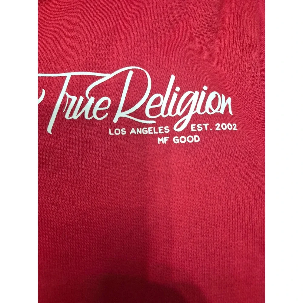 True Religion Mens Zip Up Hoodie Red Graphic Back Logo Sweatshirt Large New